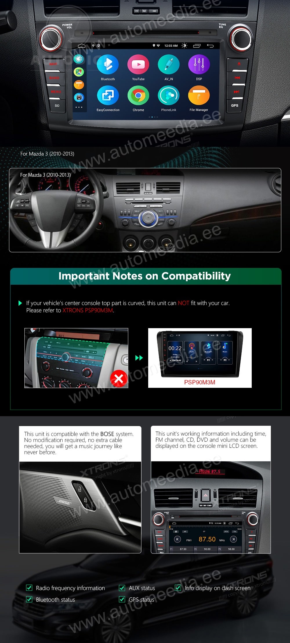 Mazda 3 (2010-2013) XTRONS PSA80M3NM XTRONS PSA80M3NM совместимость мультимедийного радио в зависимости от модели автомобиля