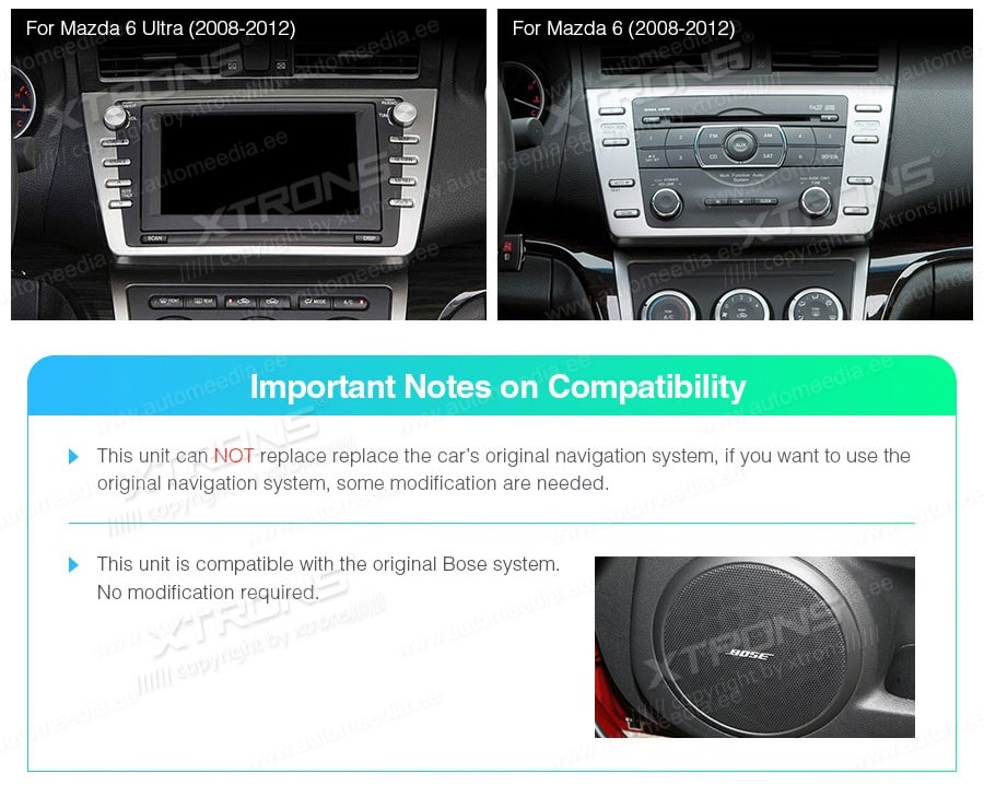 Mazda 6 (2008-2012) XTRONS PSP90M6M XTRONS PSP90M6M совместимость мультимедийного радио в зависимости от модели автомобиля