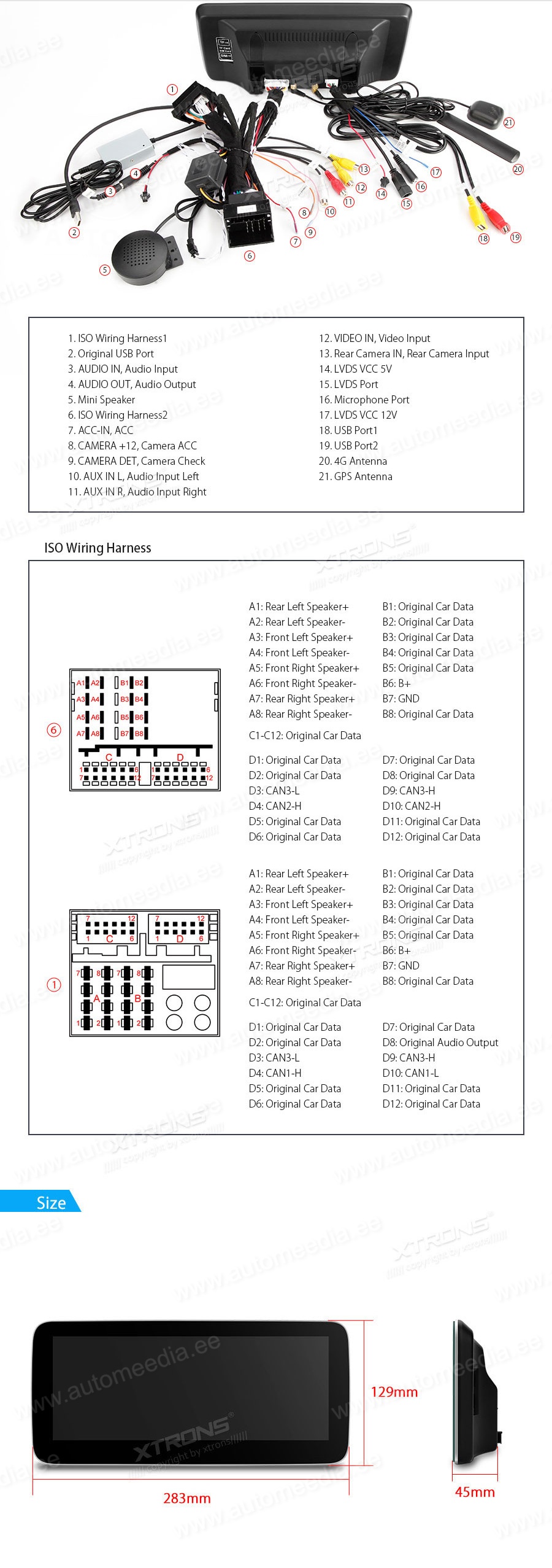 Mercedes-Benz A-Class | GLA | CLA | W176 | C117 | X156 (2016-2018)  XTRONS QSM1250A XTRONS QSM1250A Wiring Diagram and size