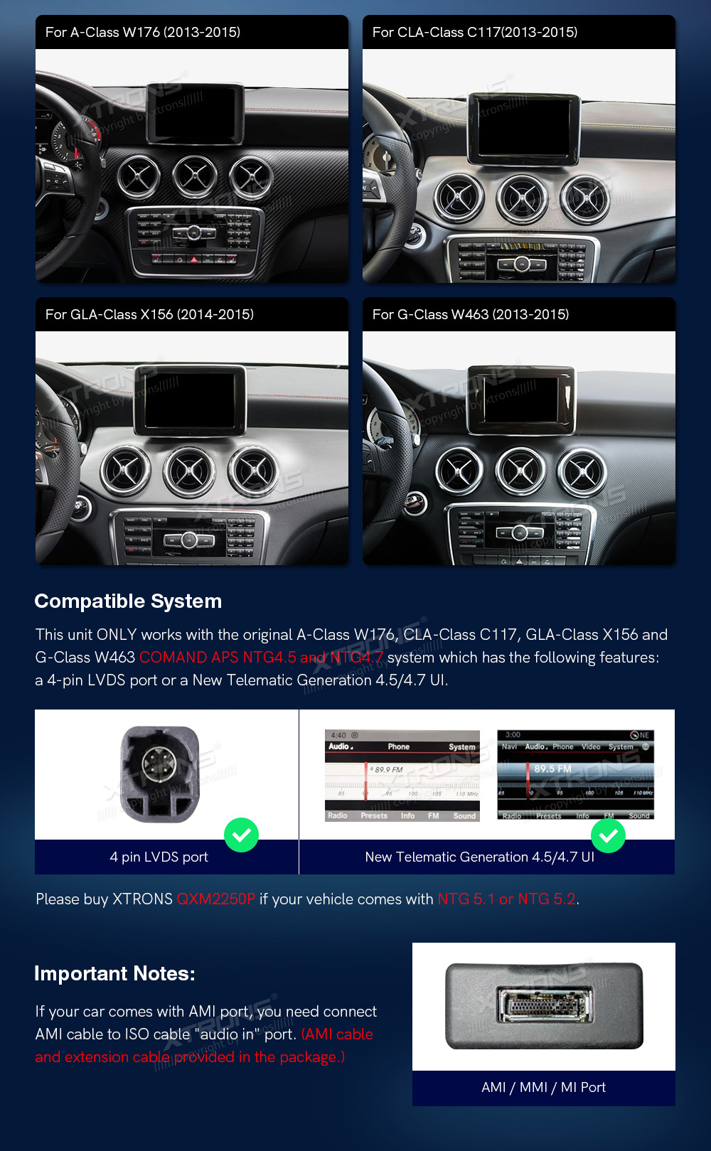 Mercedes-Benz A-Class (2013-2015) | GLA | CLA | W176 | C117 | X156 | NTG4.5 | NTG4.7  custom fit multimedia radio suitability for the car