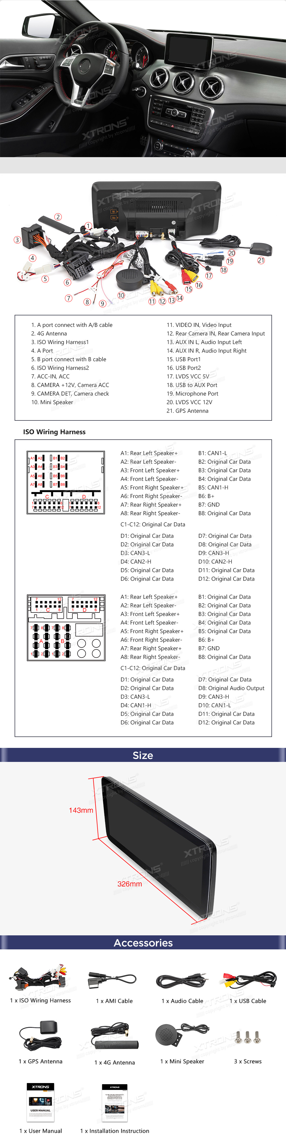 Mercedes-Benz A-Class (2013-2015) | GLA | CLA | W176 | C117 | X156 | NTG4.5 | NTG4.7  XTRONS QXM2245P XTRONS QXM2245P Wiring Diagram and size