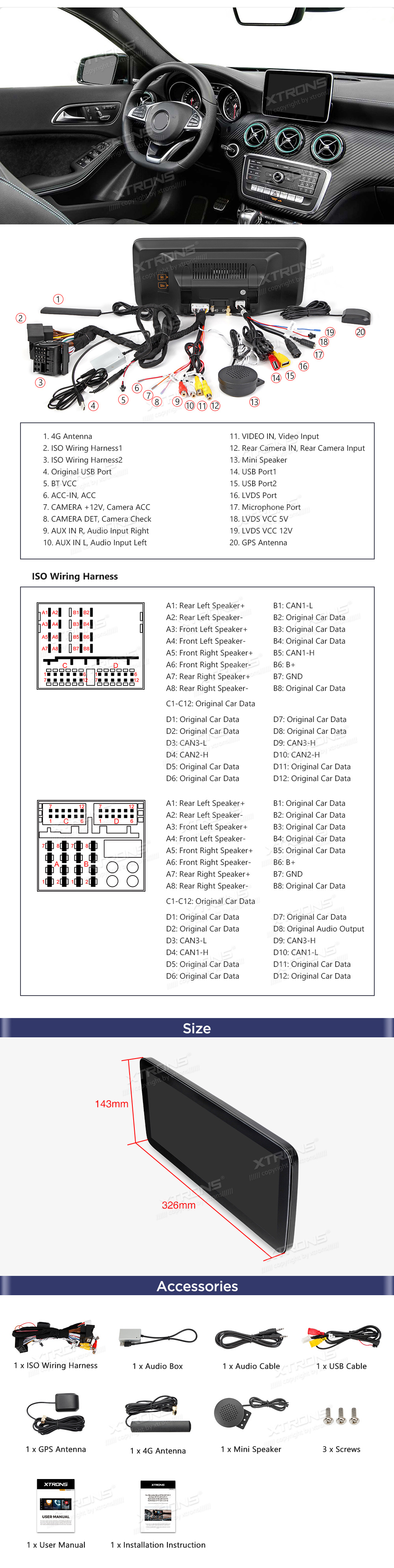 Mercedes-Benz A-Class | GLA | CLA | W176 | C117 | X156 (2016-2018)  XTRONS QXM2250P XTRONS QXM2250P Wiring Diagram and size