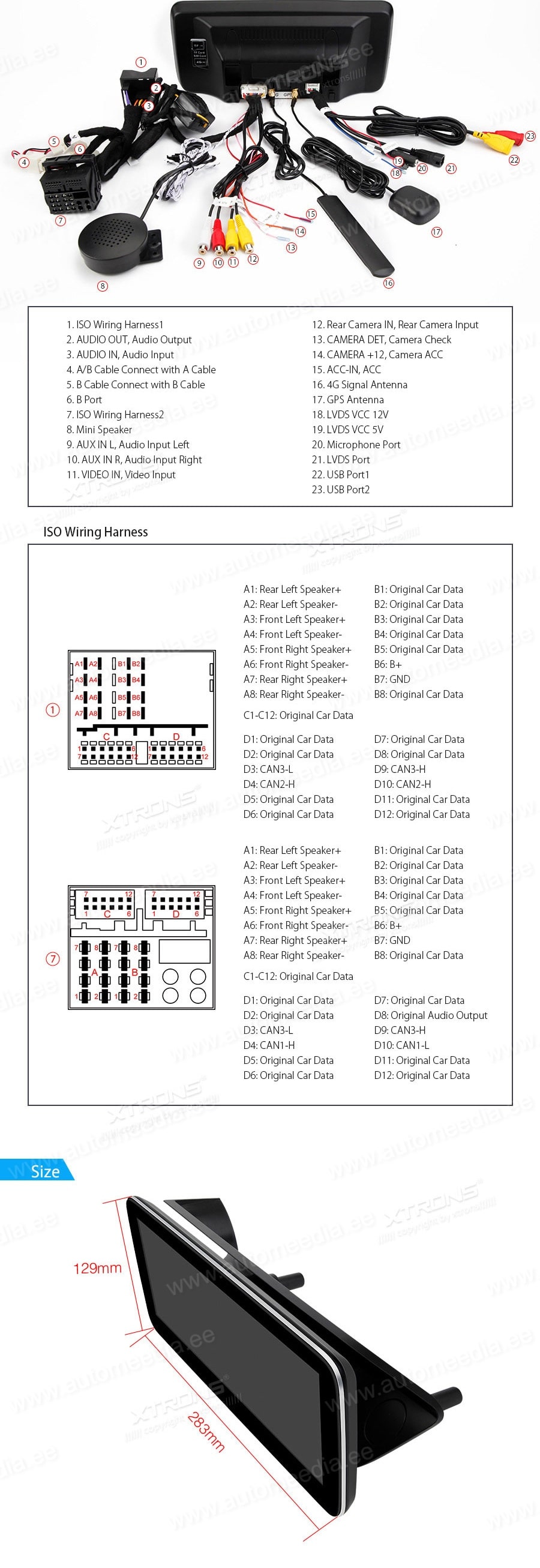 XTRONS QSM1245C_L XTRONS QSM1245C_L mõõdud ühendamine ja pistikute skeem