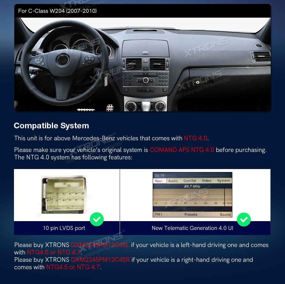 Mercedes-Benz C-Class | W204 (2008-2010) | NTG4.0 (2007-2010)  custom fit multimedia radio suitability for the car