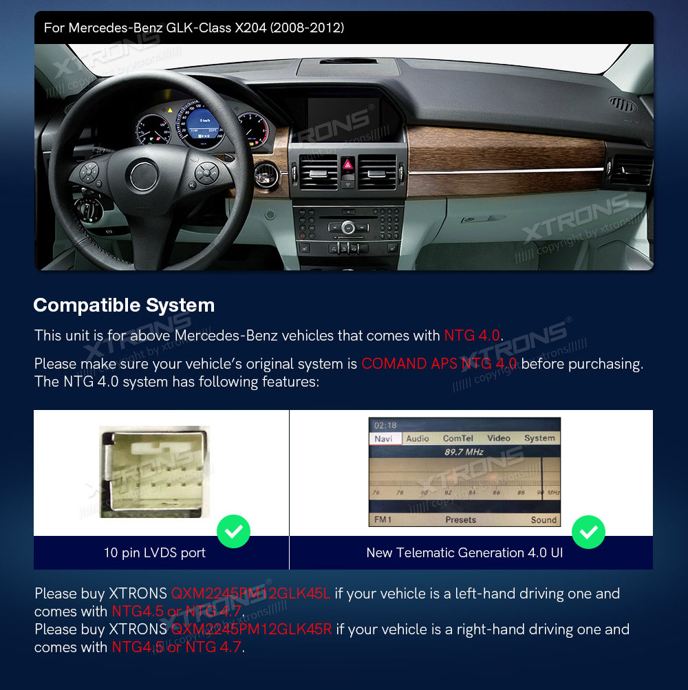 Mercedes-Benz GLK Class X204 | 2008 - 2012 (NTG4.0)  custom fit multimedia radio suitability for the car