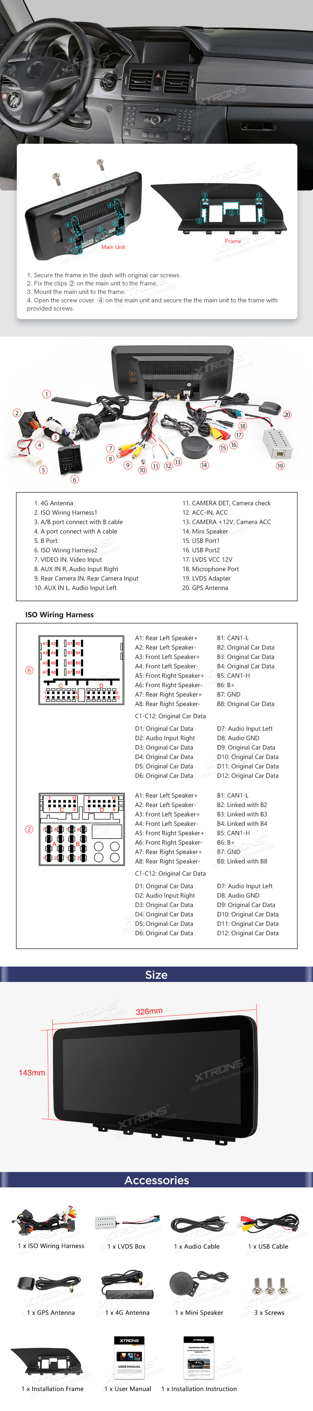 Mercedes-Benz GLK Class X204 | 2008 - 2012 (NTG4.0)  XTRONS QXM2240PM12GLK40L XTRONS QXM2240PM12GLK40L Wiring Diagram and size