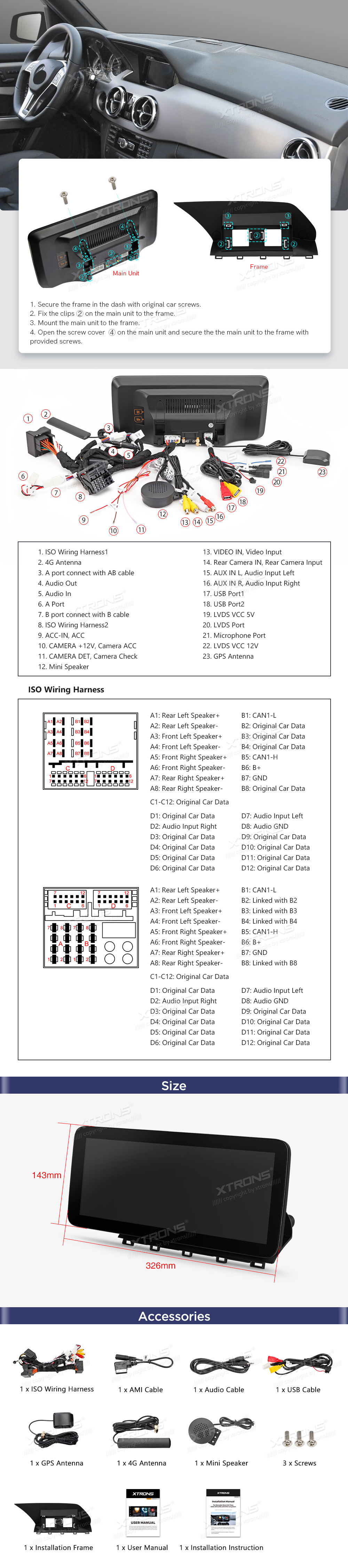 Mercedes-Benz GLK Class X204 | 2013 - 2015 (NTG4.5)  XTRONS QXM2245PM12GLK45L XTRONS QXM2245PM12GLK45L Wiring Diagram and size