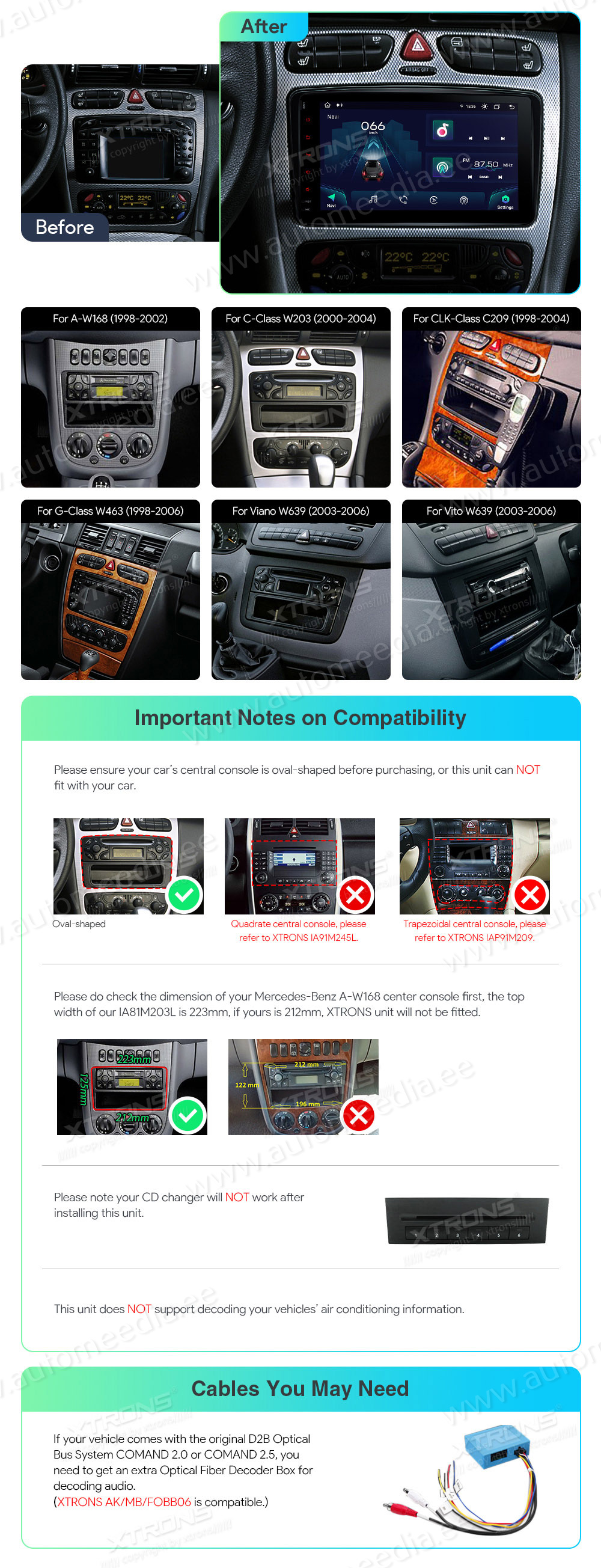 Mercedes-Benz CLK (1998-2004) | C-Class (2000-2004) | G-Class (1998-2006) | Vito & Viano (2003-2006)  custom fit multimedia radio suitability for the car