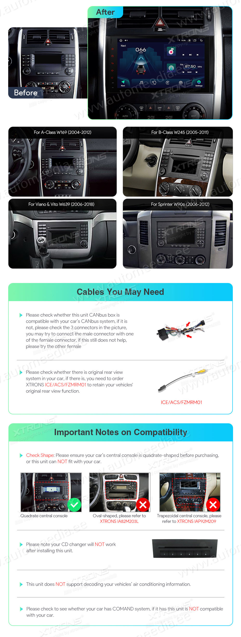 Mercedes-Benz Sprinter | Vito & Viano (2006-2020) | A-Class | B-Class (2004-2012)  custom fit multimedia radio suitability for the car