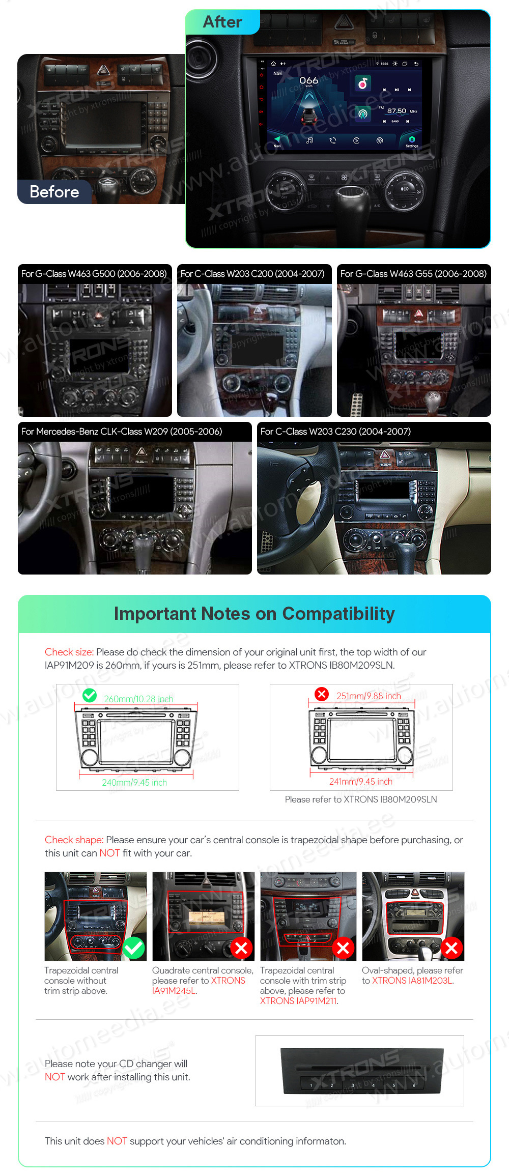 Mercedes-Benz CLK (2005-2006) | C-Class (2004-2007) | G-Class (2005-2008)  custom fit multimedia radio suitability for the car