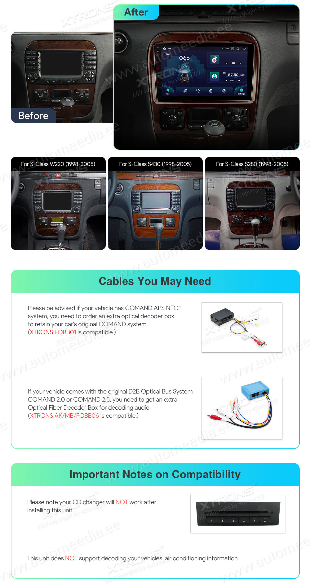 Mercedes-Benz S-Class W220 (1998-2005)  custom fit multimedia radio suitability for the car