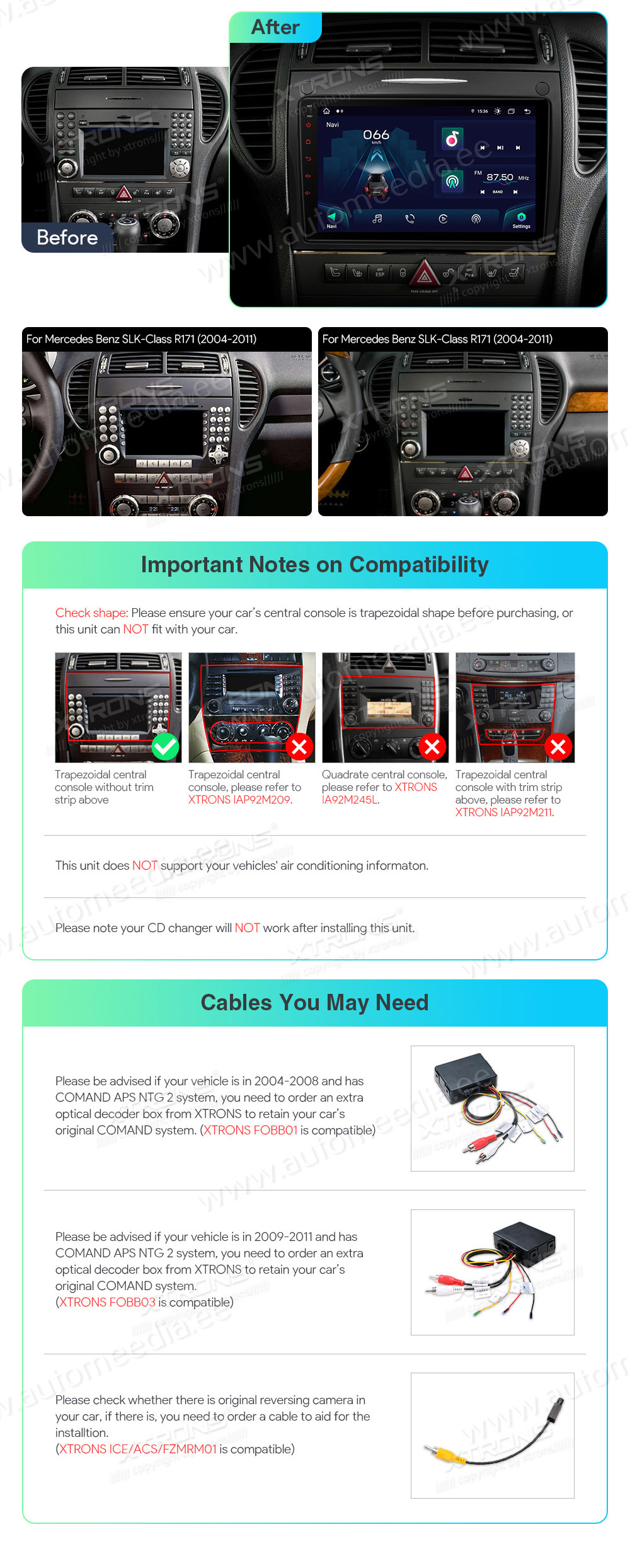 Mercedes-Benz SLK R171 (2004-2011)  совместимость мультимедийного радио в зависимости от модели автомобиля