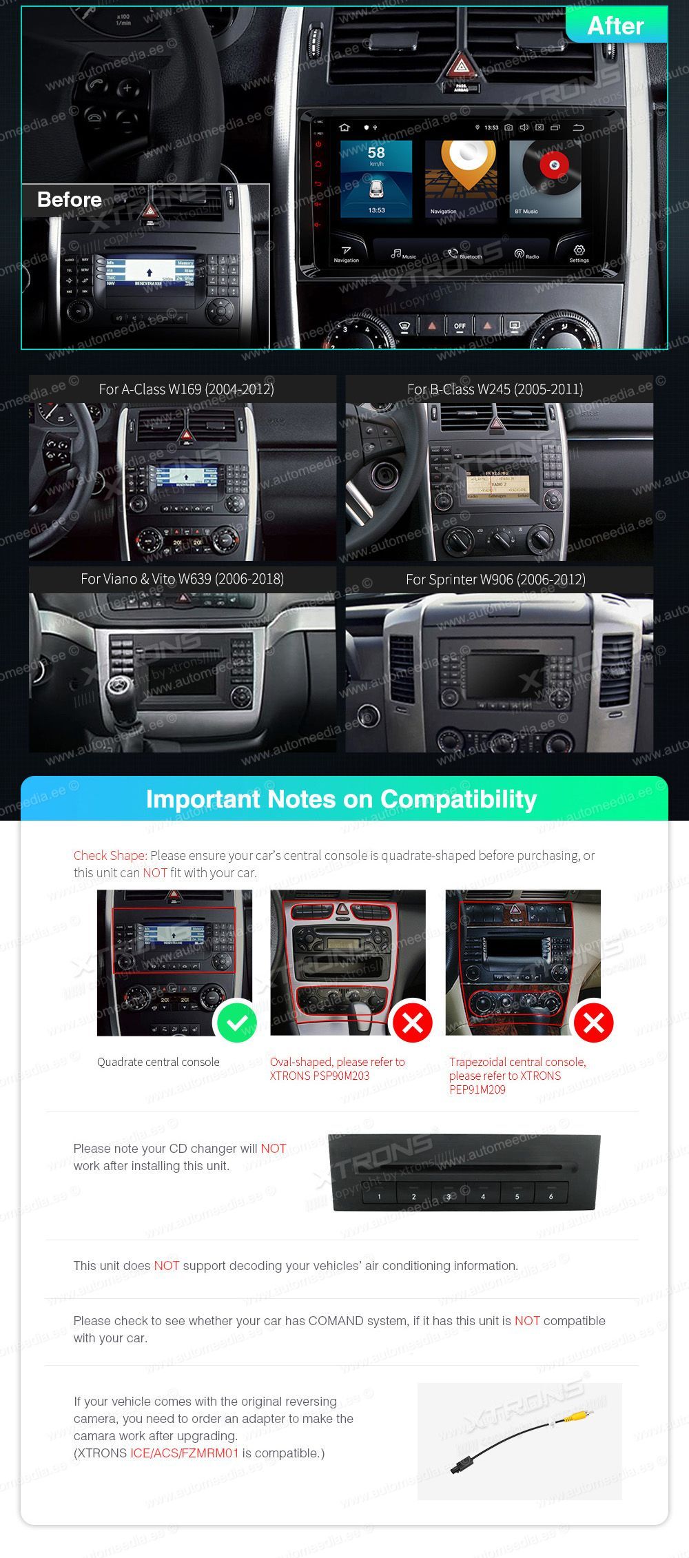 Mercedes-Benz Sprinter | Vito & Viano (2006-2020) | A-Class | B-Class (2004-2012)  custom fit multimedia radio suitability for the car