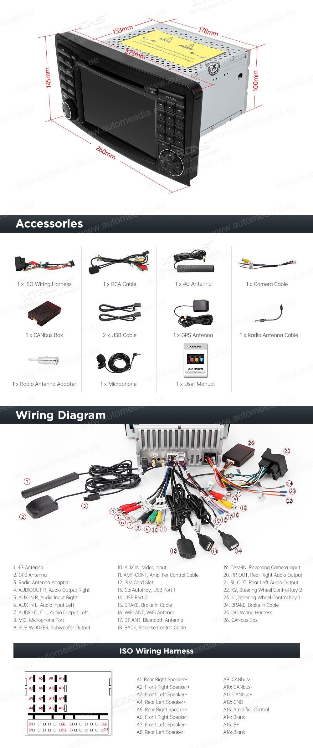 Mercedes-Benz ML | GL | W164 | X164 (2005-2012)  XTRONS MA70M164 XTRONS MA70M164 Wiring Diagram and size