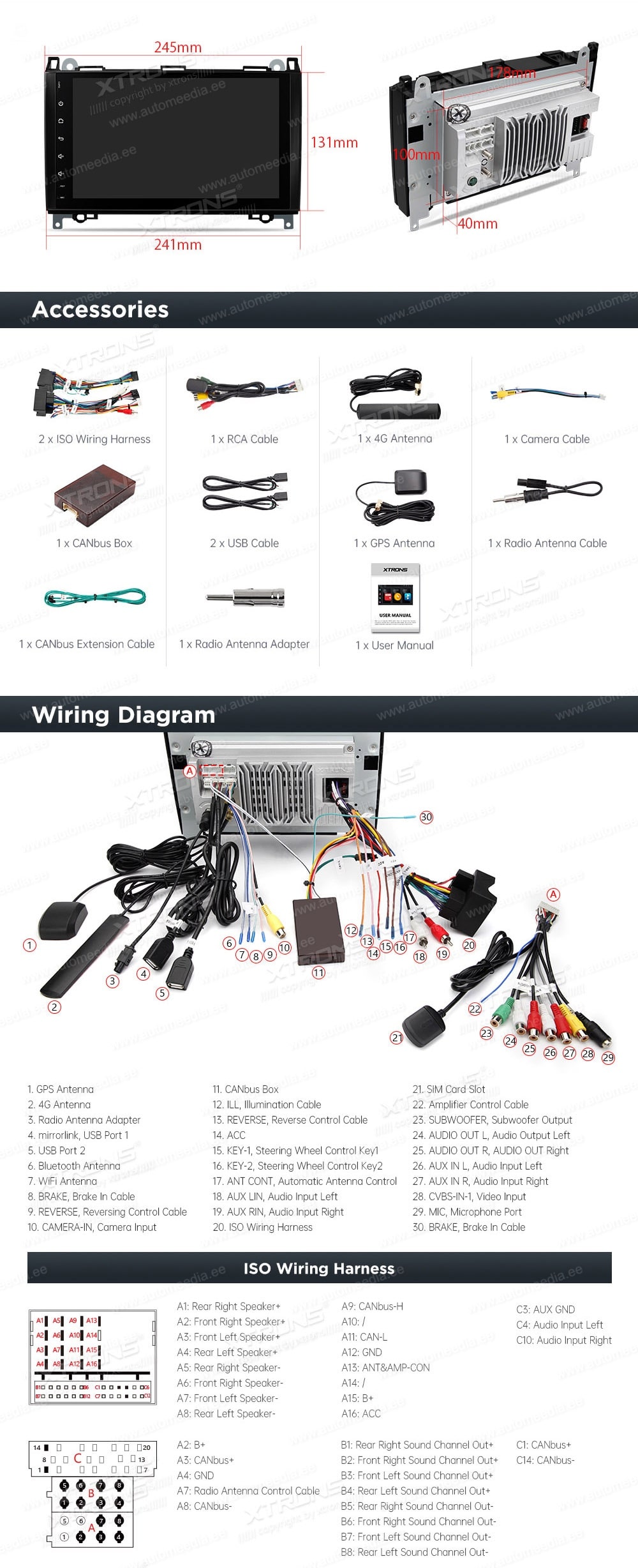 Mercedes-Benz Sprinter | Vito | Viano | A-Class | B-Class (2004-2012)  XTRONS MA90M245L XTRONS MA90M245L Wiring Diagram and size