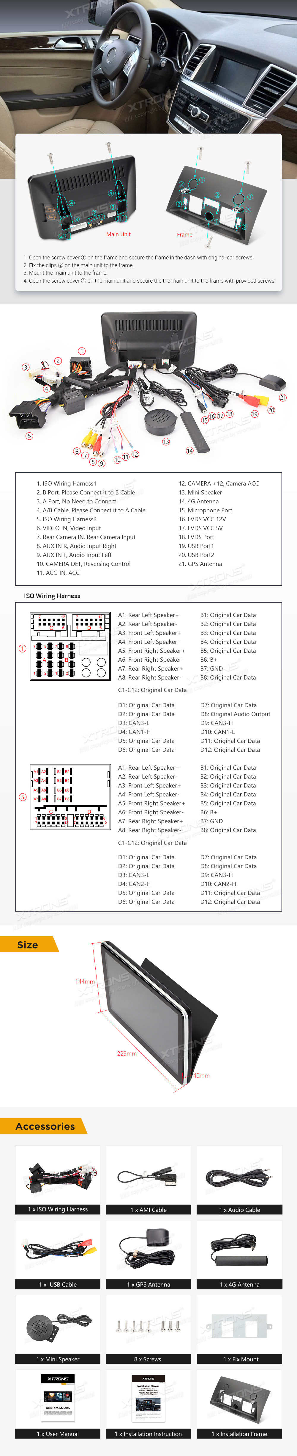 Mercedes-Benz ML W166 | GL X166 | 2012-2015 | NTG 4.5  XTRONS QSM9245ML XTRONS QSM9245ML Wiring Diagram and size