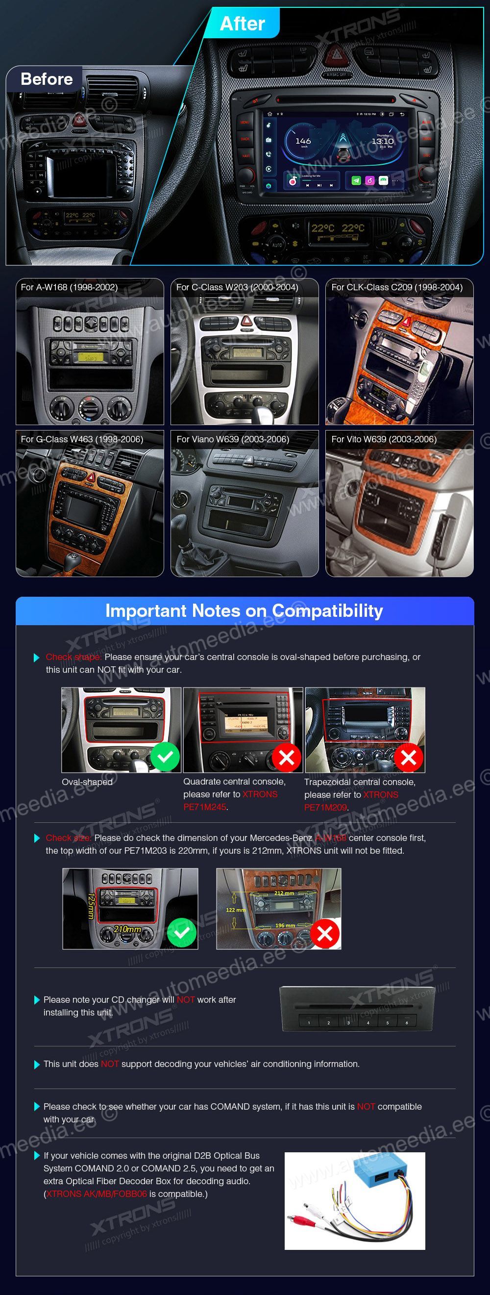 Mercedes-Benz CLK (1998-2004) | C-Class (2000-2004) | G-Class (1998-2006) | Vito & Viano (2003-2006)  совместимость мультимедийного радио в зависимости от модели автомобиля