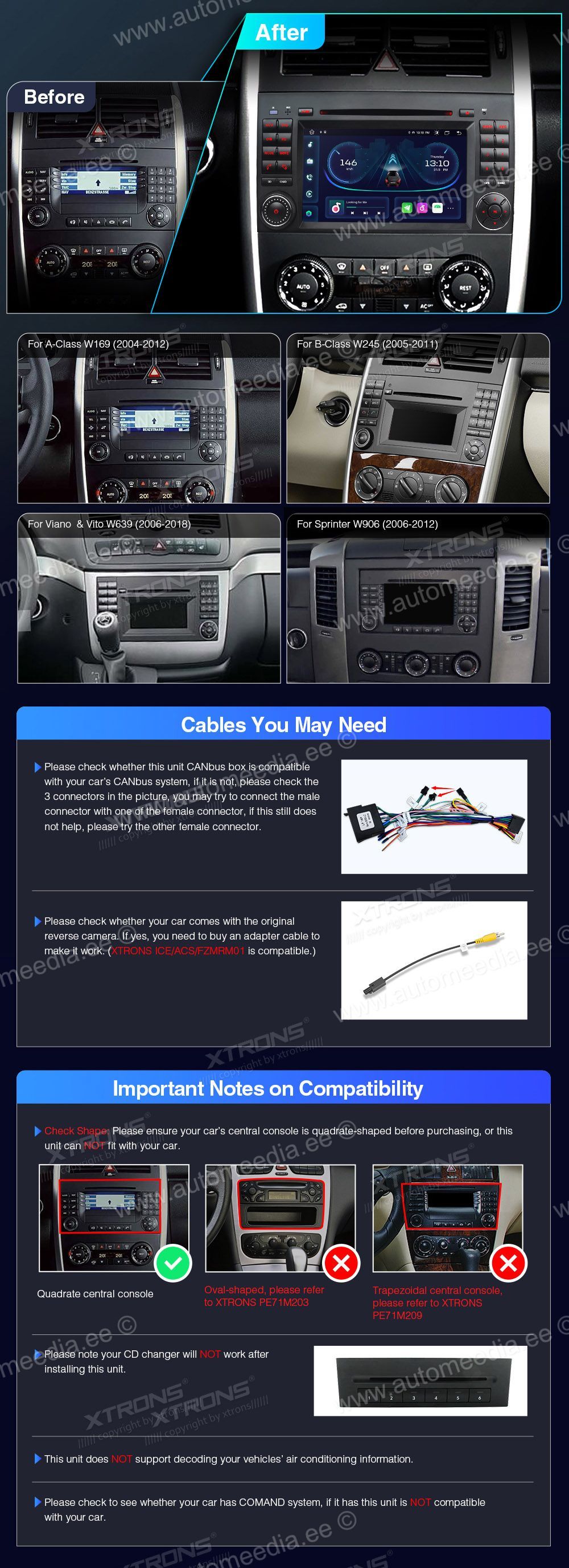 Mercedes-Benz Sprinter | Vito & Viano (2006-2020) | A-Class | B-Class (2004-2012)  custom fit multimedia radio suitability for the car