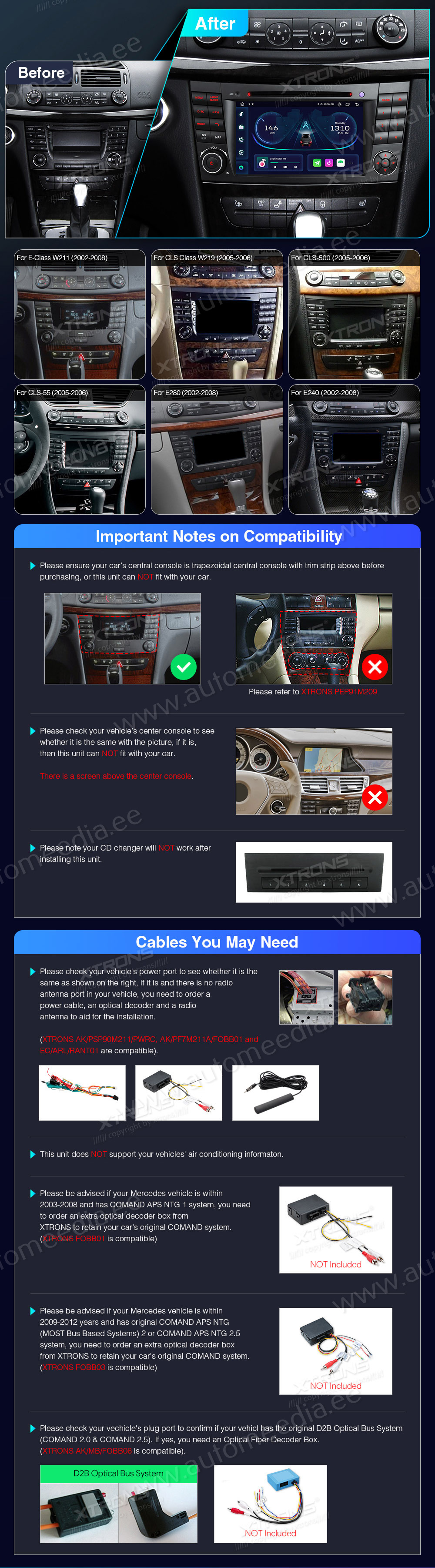 Mercedes-Benz E-Class W211 (2002-2008) | CLS W219 (2005-2006)  совместимость мультимедийного радио в зависимости от модели автомобиля