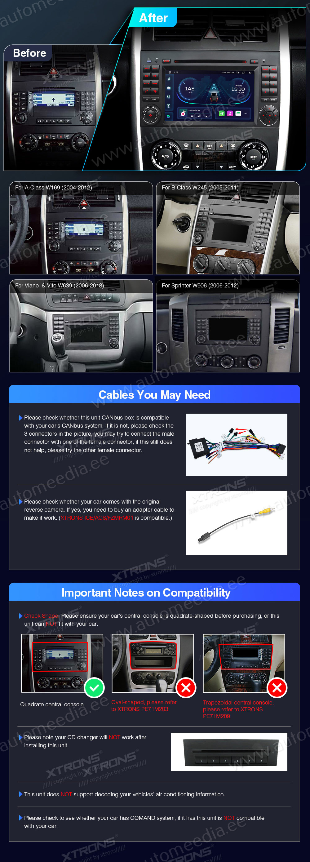 Mercedes-Benz Sprinter | Vito & Viano (2006-2020) | A-Class | B-Class (2004-2012)  custom fit multimedia radio suitability for the car