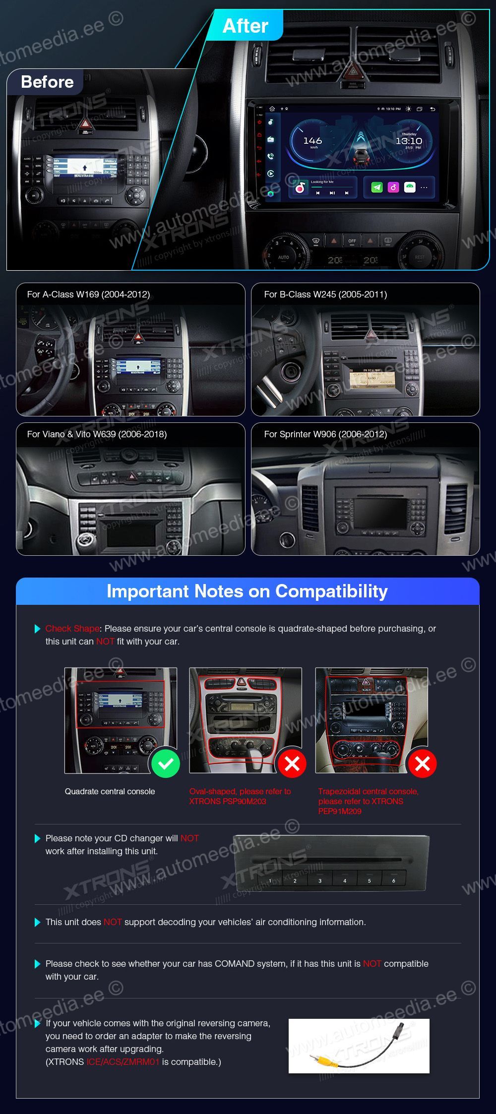 Mercedes-Benz Sprinter | Vito & Viano (2006-2020) | A-Class | B-Class (2004-2012)  custom fit multimedia radio suitability for the car