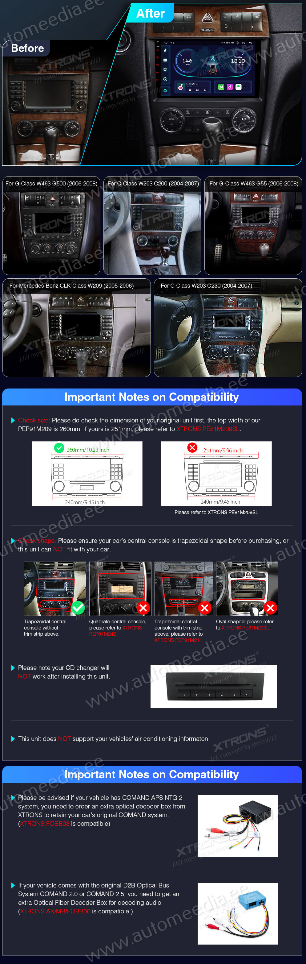 Mercedes-Benz CLK (2005-2006) | C-Class (2004-2007) | G-Class (2005-2008)  custom fit multimedia radio suitability for the car