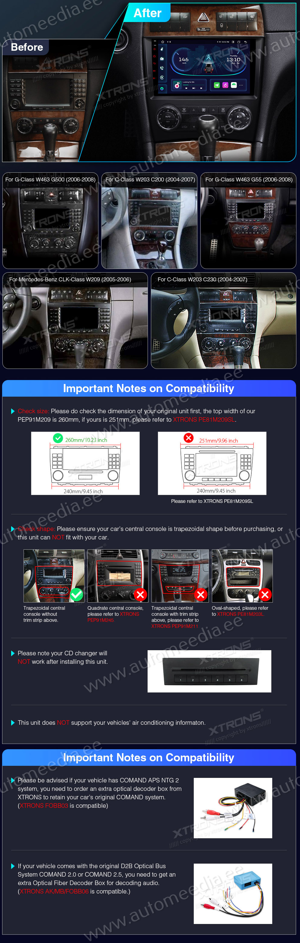 Mercedes-Benz CLK (2005-2006) | C-Class (2004-2007) | G-Class (2005-2008)  совместимость мультимедийного радио в зависимости от модели автомобиля