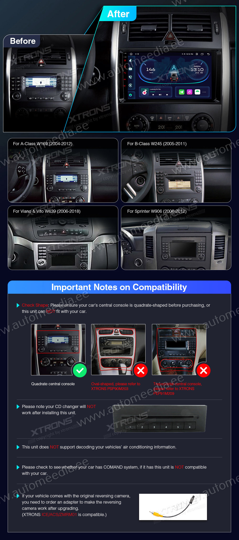 Mercedes-Benz Sprinter | Vito & Viano (2006-2020) | A-Class | B-Class (2004-2012)  совместимость мультимедийного радио в зависимости от модели автомобиля