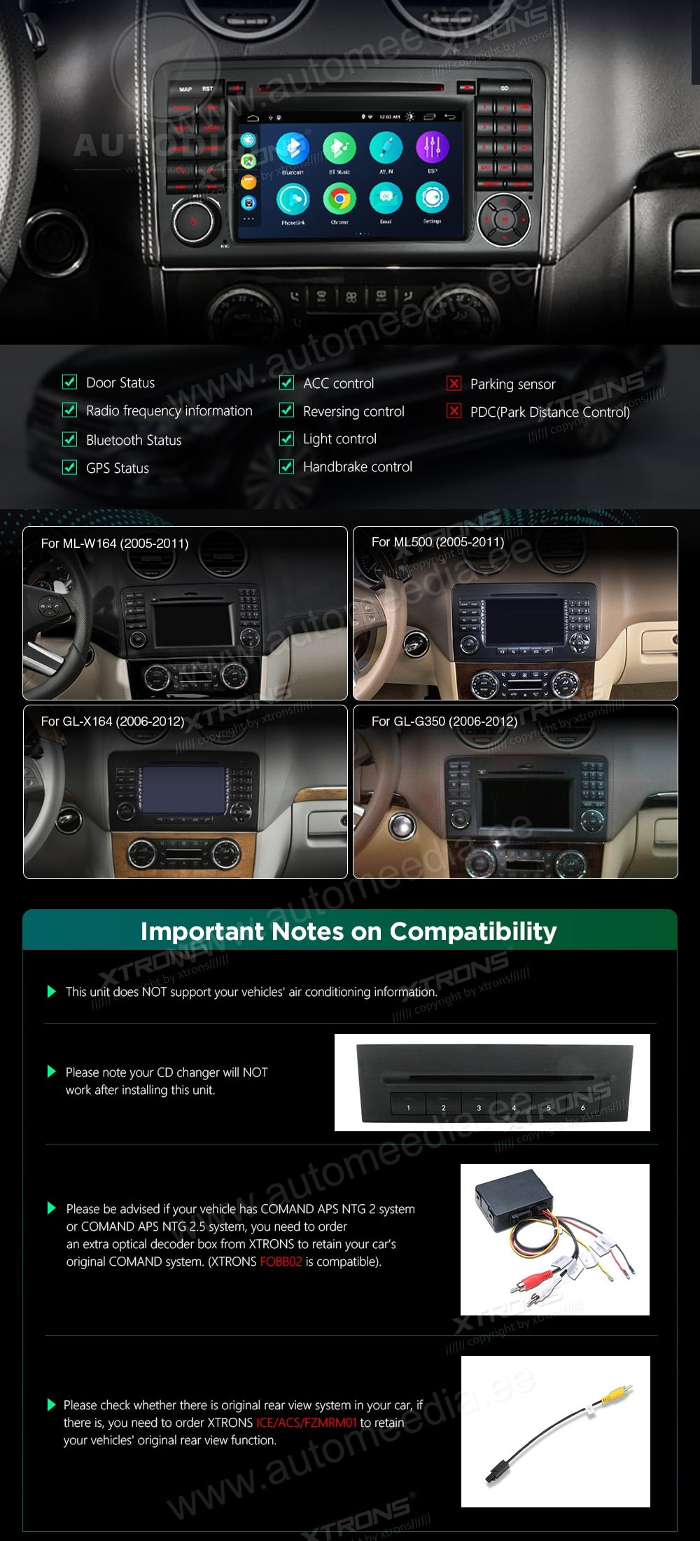 Mercedes-Benz ML | GL | W164 | X164 (2005-2012) XTRONS PSA70M164 XTRONS PSA70M164 совместимость мультимедийного радио в зависимости от модели автомобиля