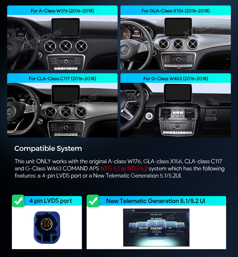 Mercedes-Benz A-Class | GLA | CLA | W176 | C117 | X156 (2016-2018)  custom fit multimedia radio suitability for the car