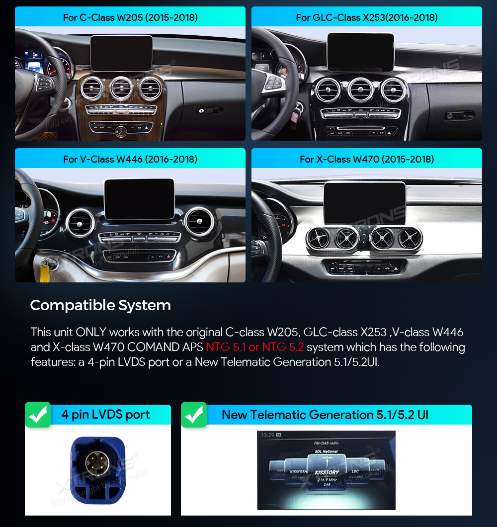 Mercedes-Benz V-Class | C-Class | GLC | X-Class W470 | NTG5.x  custom fit multimedia radio suitability for the car