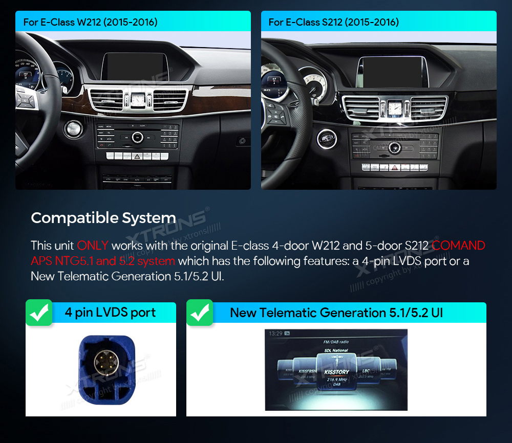 Mercedes-Benz E-Class (2015-2016) | W212 | NTG5.1 | NTG5.2  custom fit multimedia radio suitability for the car