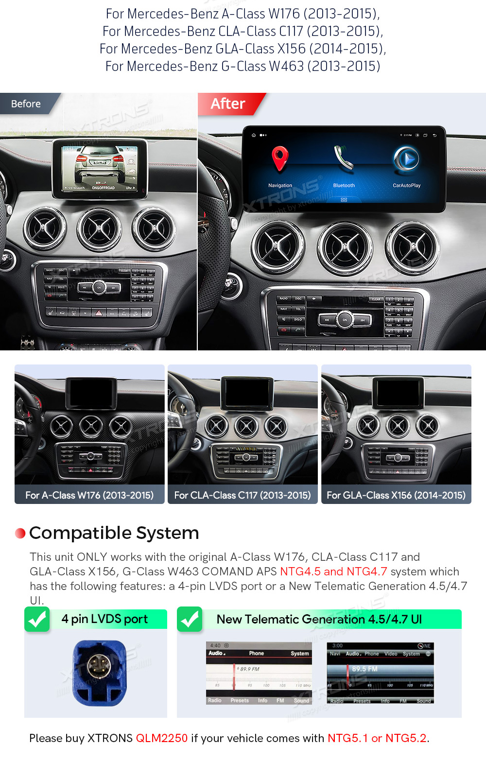 Mercedes-Benz A-Class (2013-2015) | GLA | CLA | W176 | C117 | X156 | NTG4.5 | NTG4.7  custom fit multimedia radio suitability for the car