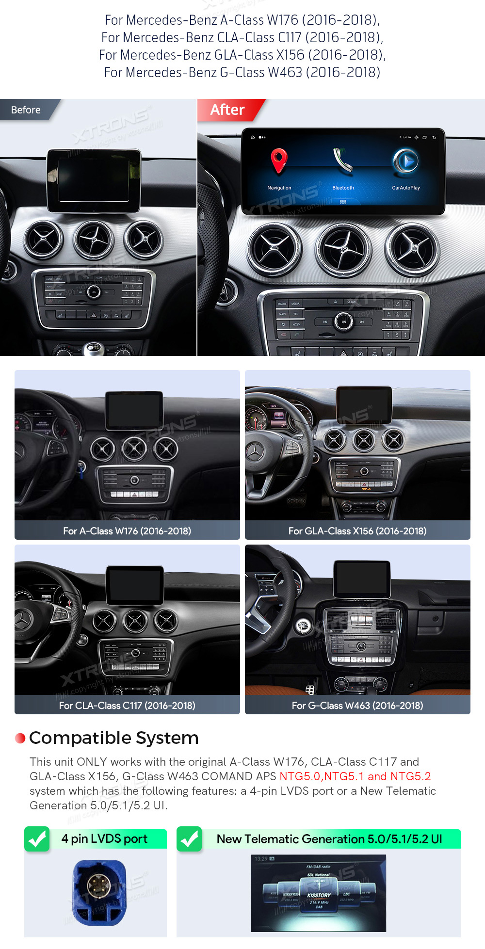 Mercedes-Benz A-Class | GLA | CLA | W176 | C117 | X156 (2016-2018)  custom fit multimedia radio suitability for the car