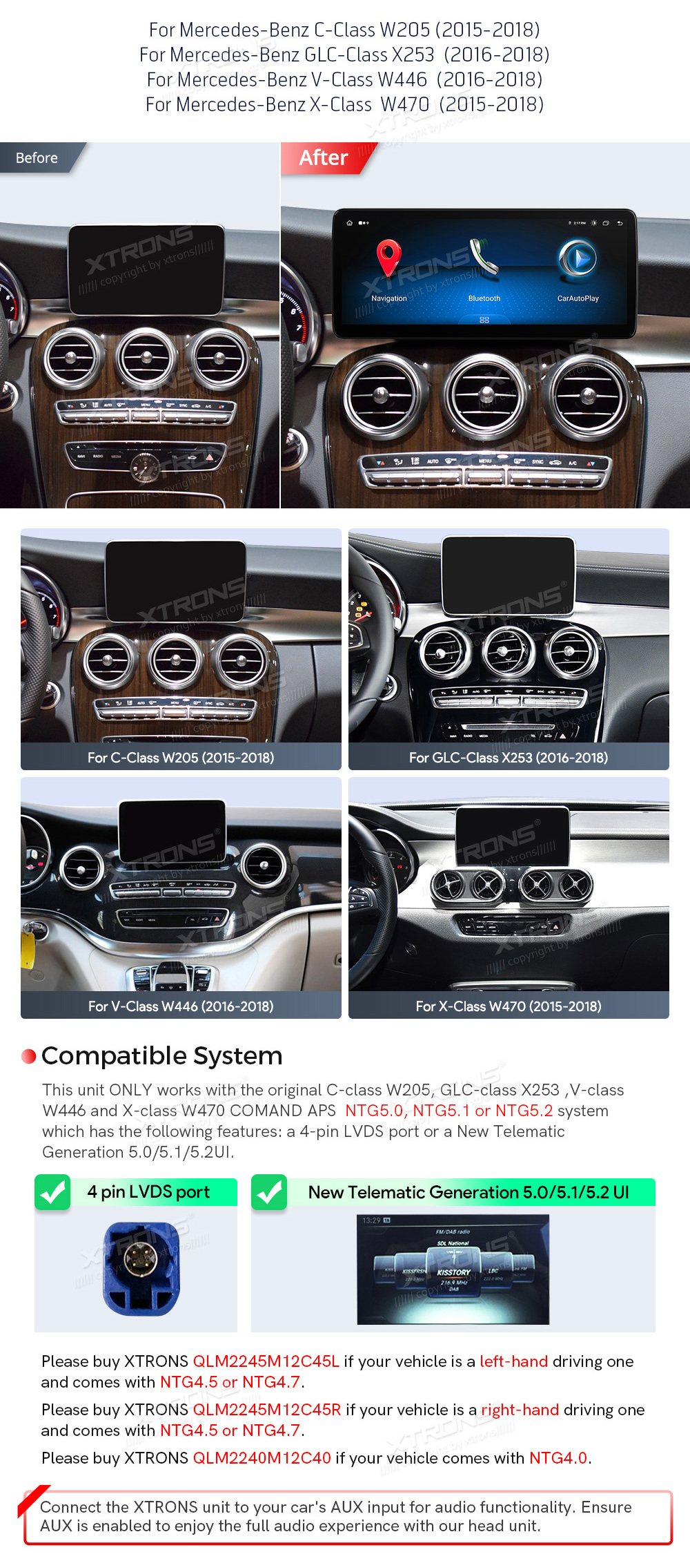 Mercedes-Benz V-Class (2015-2018) | C-Class | GLC | NTG5.0 | NTG5.2  custom fit multimedia radio suitability for the car