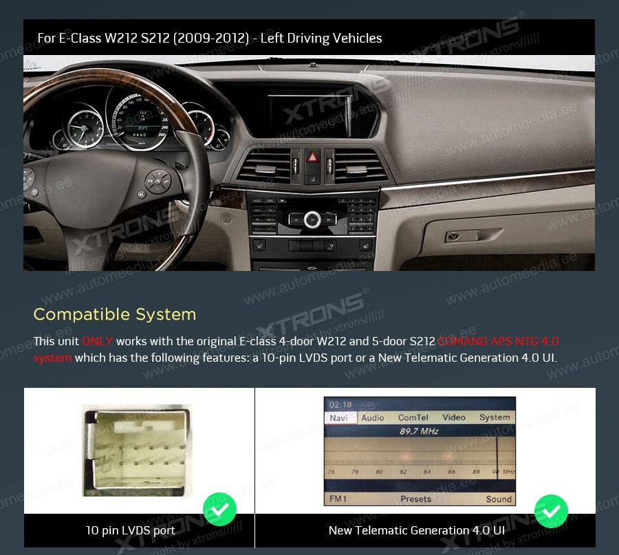 Mercedes-Benz E-Class (2010-2012) | W212 | NTG4.0  XTRONS QM1040E_LS XTRONS QM1040E_LS совместимость мультимедийного радио в зависимости от модели автомобиля