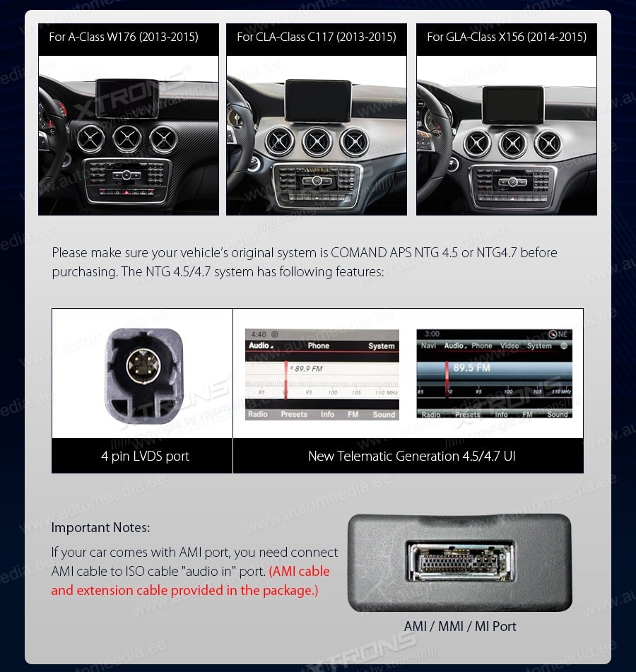 Mercedes-Benz A-Class (2013-2015) | GLA | GLC | W176 | C117 | X156 | NTG4.5 | NTG4.7  XTRONS QM1045AS XTRONS QM1045AS совместимость мультимедийного радио в зависимости от модели автомобиля