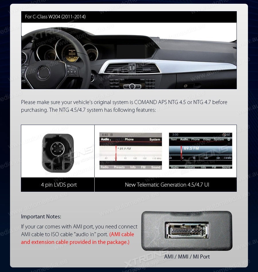 Mercedes-Benz C-Class ( 2011-2014) | W204 | NTG4.5 | NTG4.7  XTRONS QM1045C_LS XTRONS QM1045C_LS совместимость мультимедийного радио в зависимости от модели автомобиля