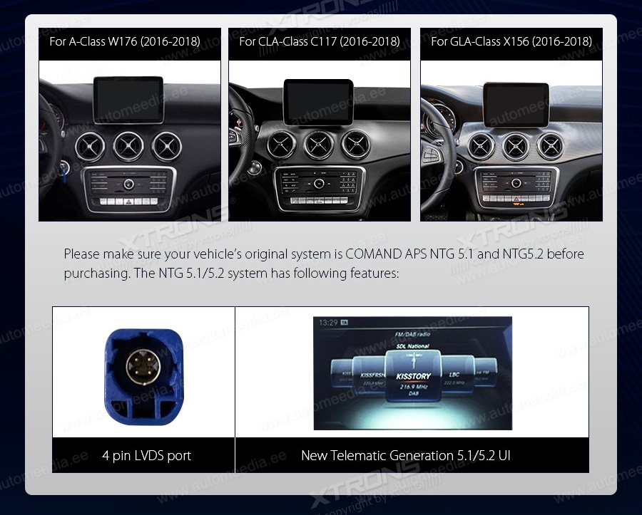 Mercedes-Benz A-Class | GLA | GLC | W176 | C117 | X156 (2016-2018)  XTRONS QM1050A XTRONS QM1050A custom fit multimedia radio suitability for the car