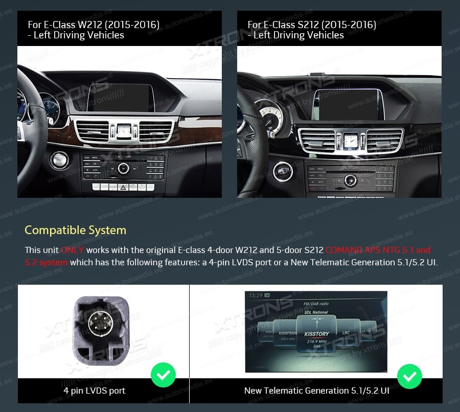 Mercedes-Benz E-Class (2015-2016) | W212 | NTG5.1 | NTG5.2  XTRONS QM1050E_LS XTRONS QM1050E_LS custom fit multimedia radio suitability for the car