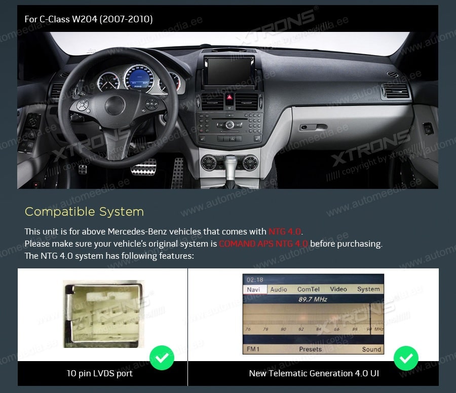 Mercedes-Benz C-Class ( 2007-2010) | W204 | NTG4.0  XTRONS QSM1040C XTRONS QSM1040C совместимость мультимедийного радио в зависимости от модели автомобиля