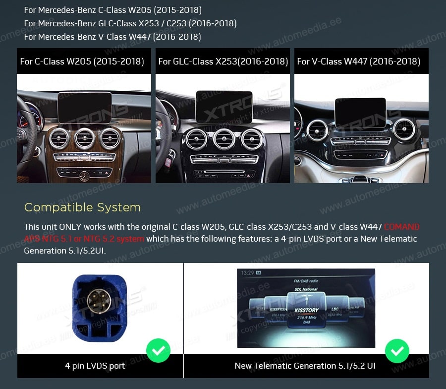 Mercedes-Benz V-Class (2015-2018) | C-Class | GLC | NTG5.0 | NTG5.2  XTRONS QSM1050C XTRONS QSM1050C mallikohtaisen multimediaradion soveltuvuus autoon