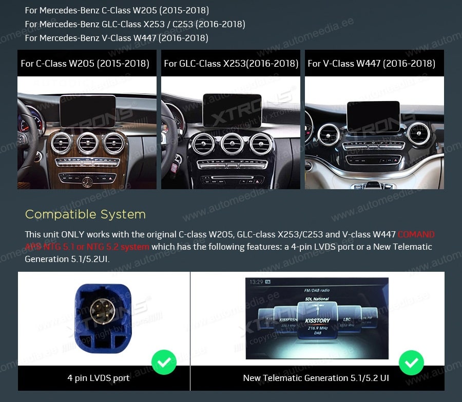 Mercedes-Benz V-Class (2015-2018) | C-Class | GLC | NTG5.0 | NTG5.2  custom fit multimedia radio suitability for the car