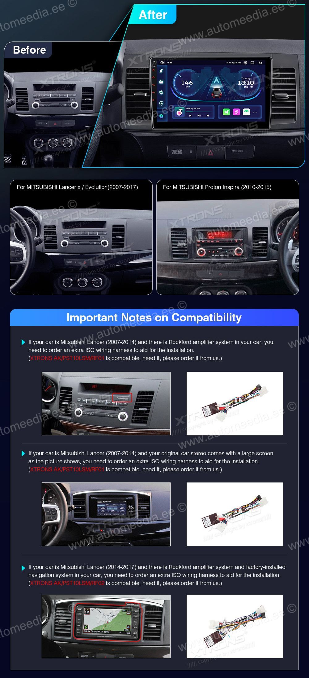 Mitsubishi Lancer (2007-2017)  совместимость мультимедийного радио в зависимости от модели автомобиля