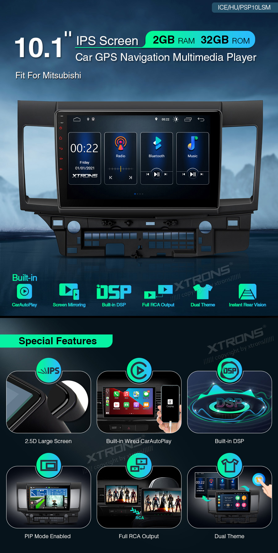 Mitsubishi Lancer (2007-2017) XTRONS PSP10LSM merkkikohtainen Android GPS multimedia näyttösoitin