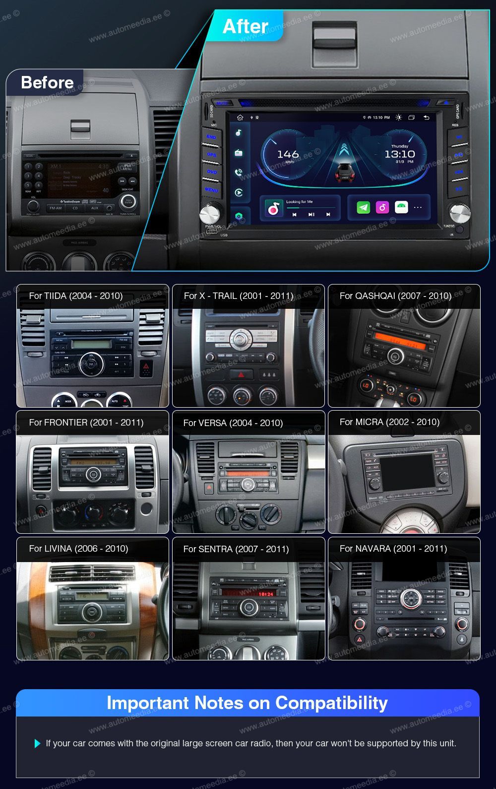 Nissan Qashqai | Juke | Navara | Patrol | 2007-2011  совместимость мультимедийного радио в зависимости от модели автомобиля