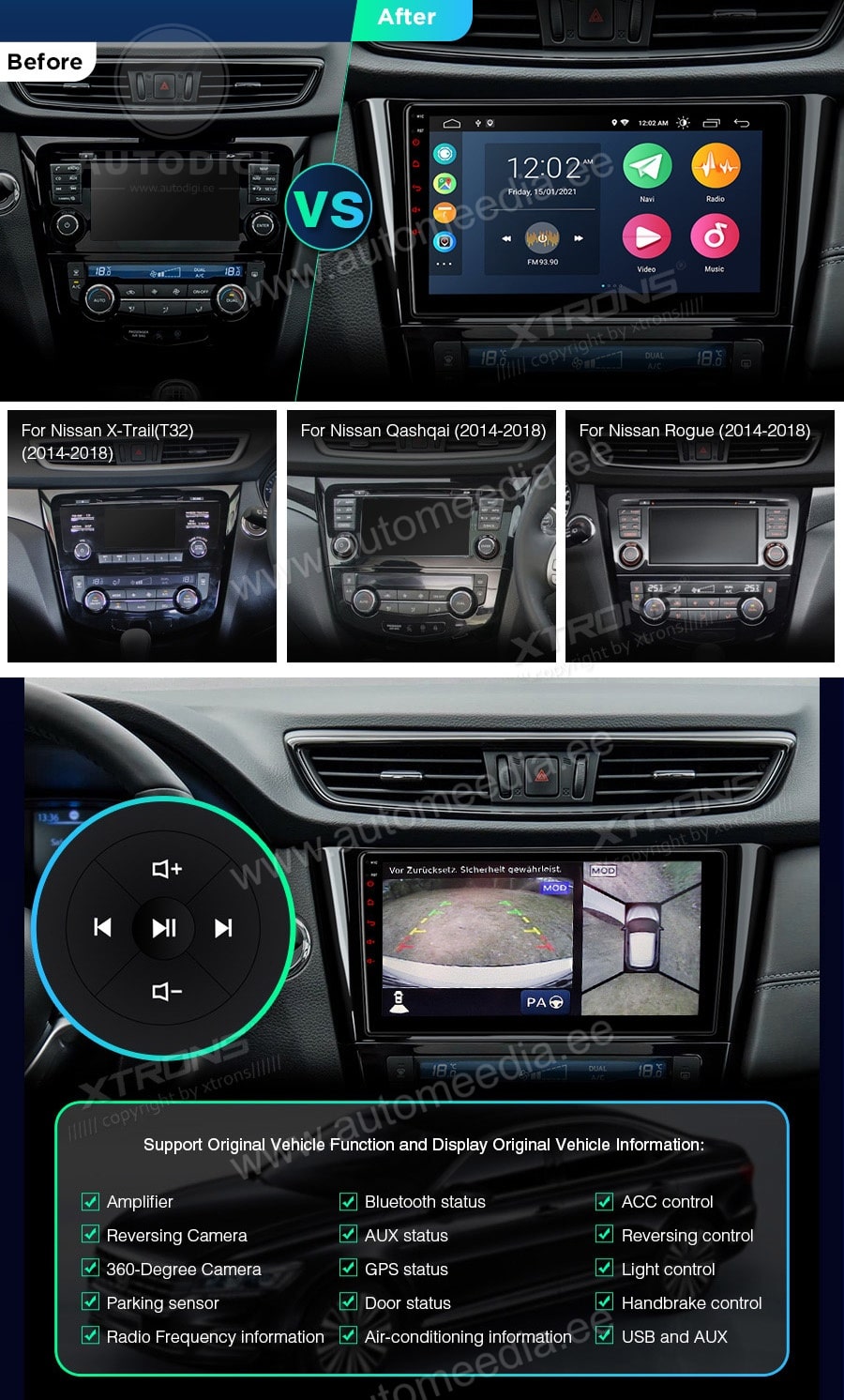 Nissan Qashqai | X-Trail (2014-2018) XTRONS PSP10XTN XTRONS PSP10XTN mallikohtaisen multimediaradion soveltuvuus autoon