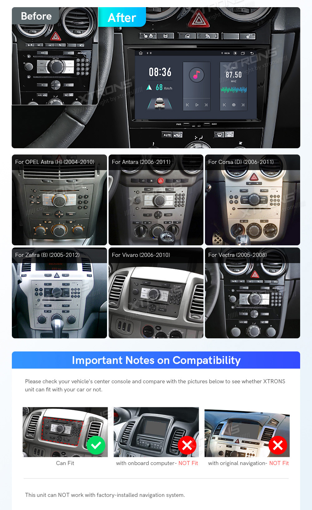 Opel Astra | Zafira | Meriva | Vectra (2004-2012)  совместимость мультимедийного радио в зависимости от модели автомобиля