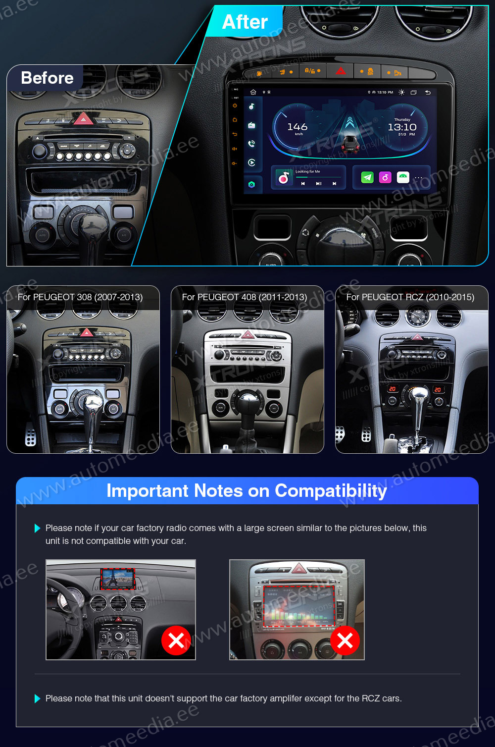 Peugeot 308 (2007-2013) | 408 (2011-2013) | RCZ (2010-2015)  совместимость мультимедийного радио в зависимости от модели автомобиля