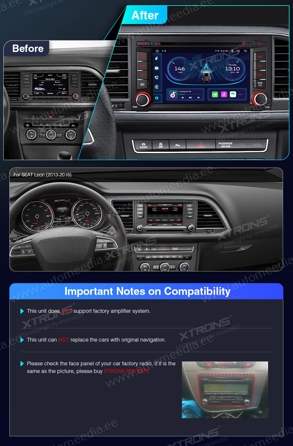 XTRONS Seat  mallikohtaisen multimediaradion soveltuvuus autoon